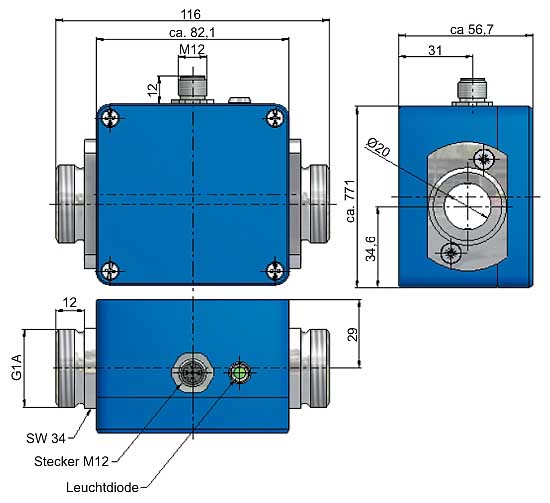 Afmetingen van de Elektromagnetische flowmeter PCE-VMI20